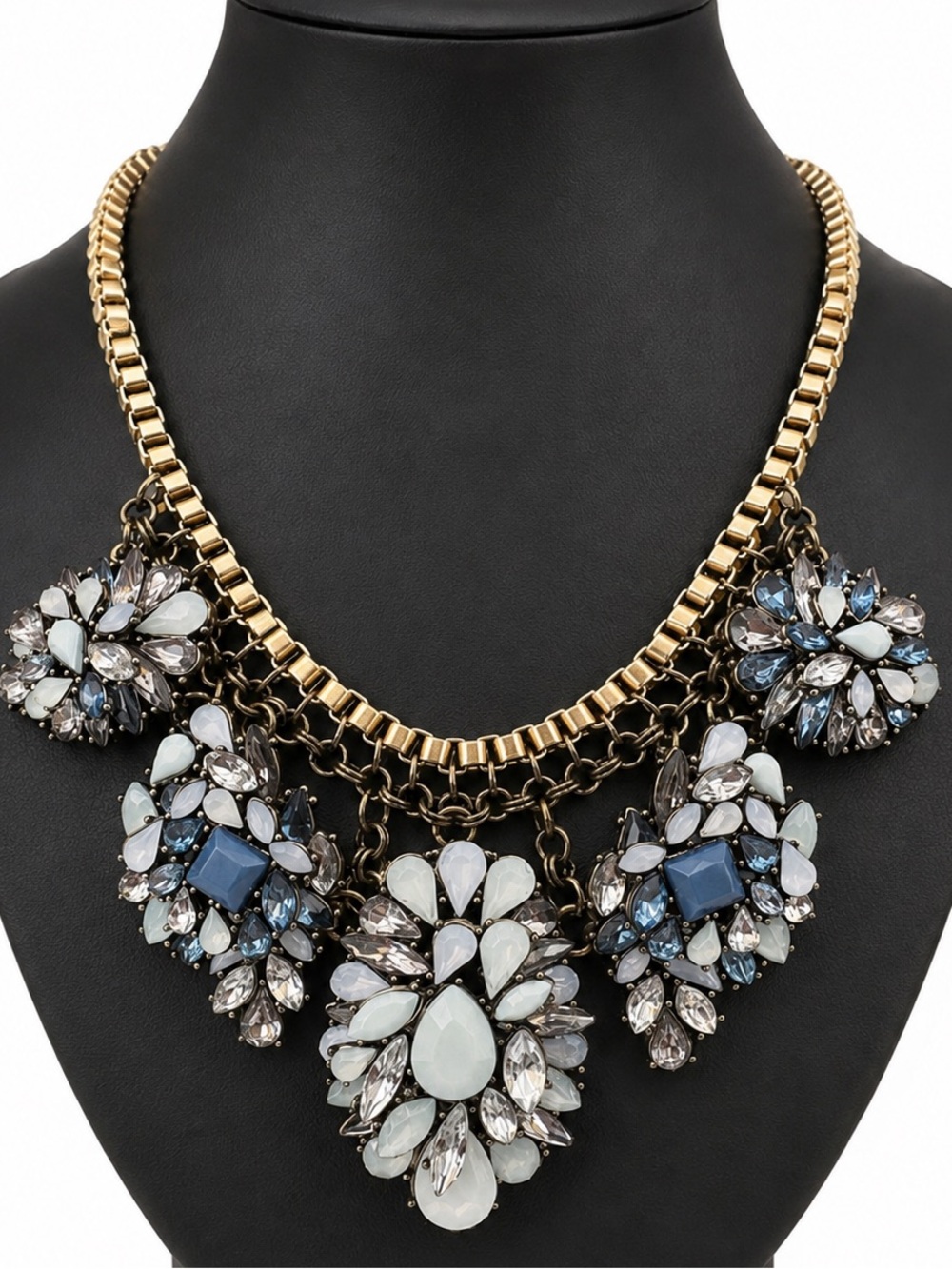 Talbots "Shades Of Blue" Rhinestone Chunky Statement Necklace bib floral cluster
